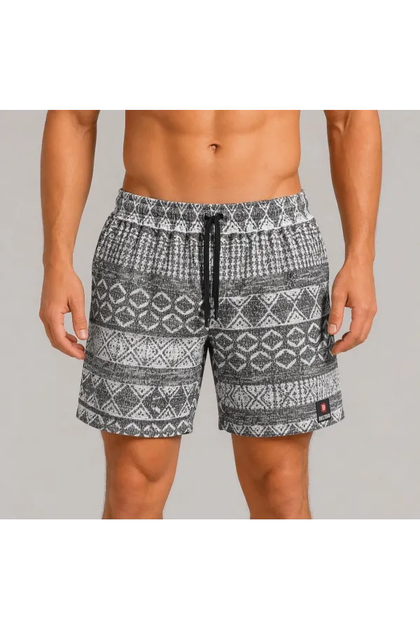 Erkek Dokuma Etnik Desenli Şort Lastikli Bel Bağcıklı Cepli Yazlık Rahat - Gri