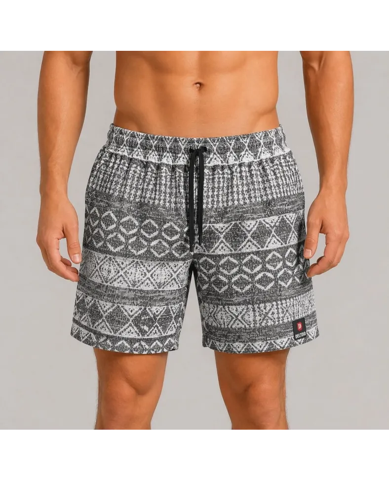 Erkek Dokuma Etnik Desenli Şort Lastikli Bel Bağcıklı Cepli Yazlık Rahat - Gri