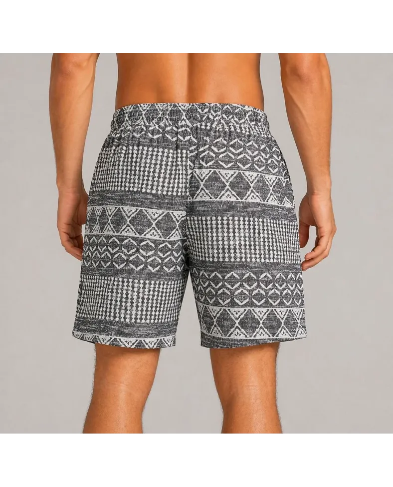 Erkek Dokuma Etnik Desenli Şort Lastikli Bel Bağcıklı Cepli Yazlık Rahat - Gri