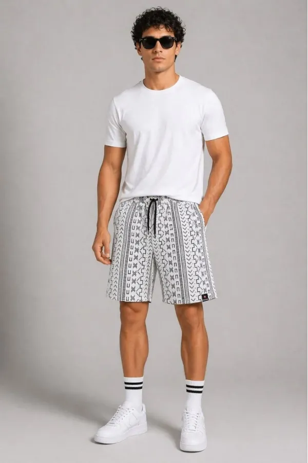 Erkek Etnik Desenli Dokuma Şort Lastikli Bağcıklı Bel Cepli Yazlık Rahat - Gri