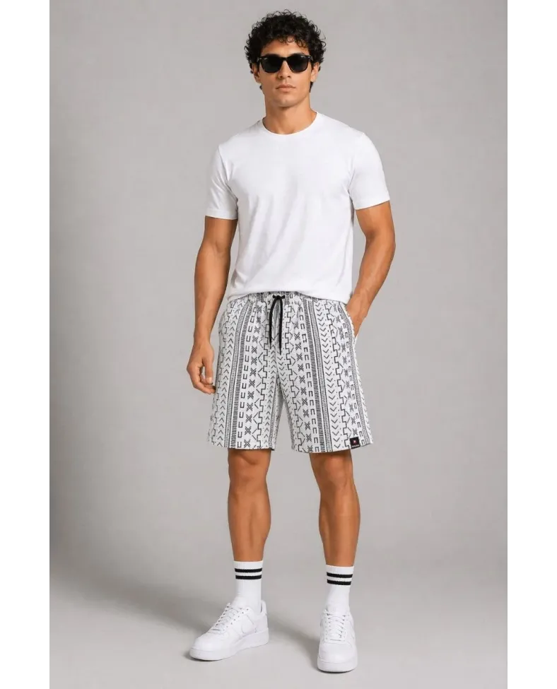 Erkek Etnik Desenli Dokuma Şort Lastikli Bağcıklı Bel Cepli Yazlık Rahat - Gri