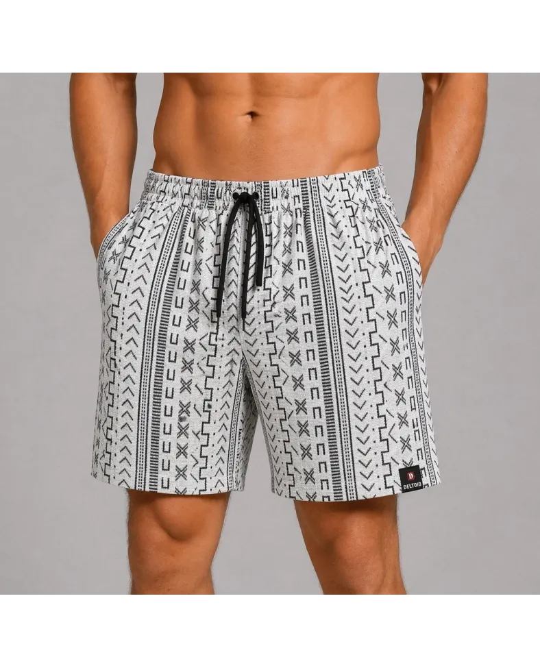 Erkek Etnik Desenli Dokuma Şort Lastikli Bağcıklı Bel Cepli Yazlık Rahat - Gri