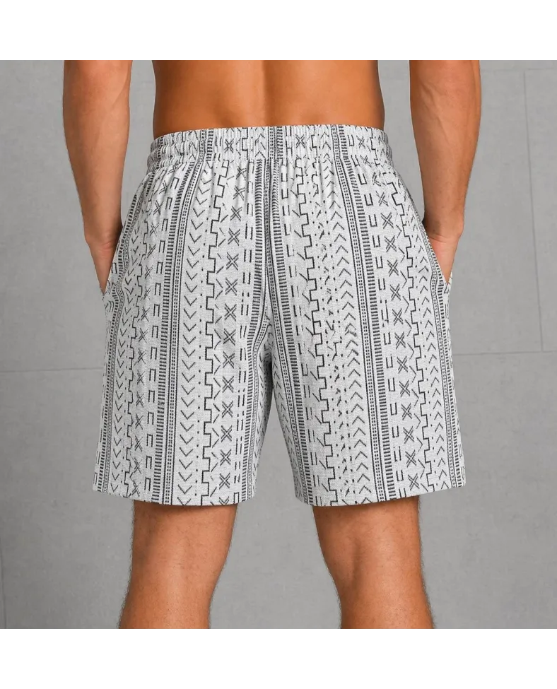 Erkek Etnik Desenli Dokuma Şort Lastikli Bağcıklı Bel Cepli Yazlık Rahat - Gri