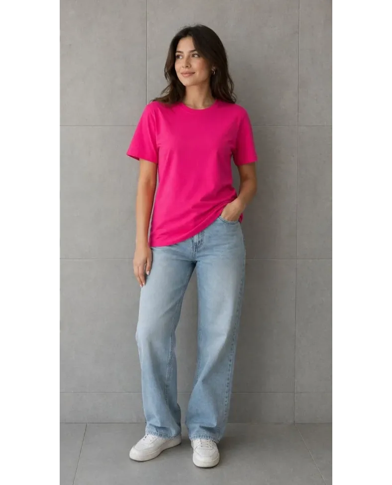 Kadın Basic Pamuklu Tişört Bisiklet Yaka Düz Renk Relaxed Fit T-Shirt - Fuşya
