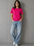 Kadın Basic Pamuklu Tişört Bisiklet Yaka Düz Renk Relaxed Fit T-Shirt - Fuşya