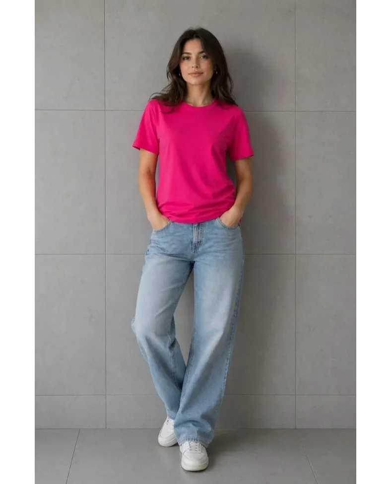 Kadın Basic Pamuklu Tişört Bisiklet Yaka Düz Renk Relaxed Fit T-Shirt - Fuşya
