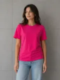 Kadın Basic Pamuklu Tişört Bisiklet Yaka Düz Renk Relaxed Fit T-Shirt - Fuşya