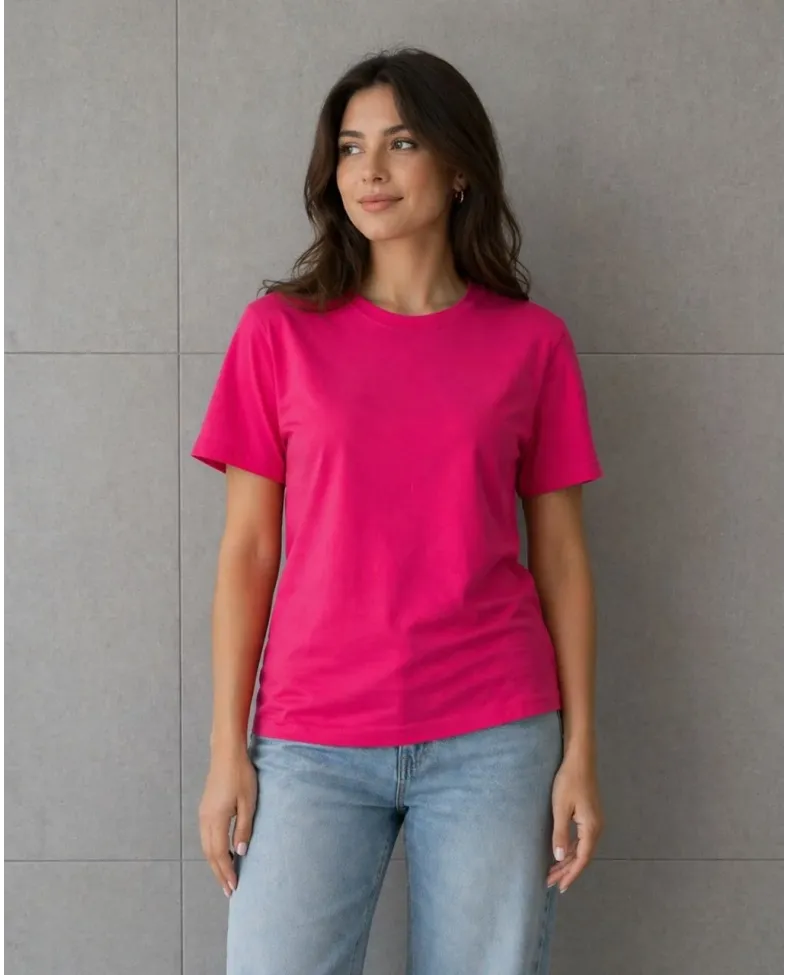 Kadın Basic Pamuklu Tişört Bisiklet Yaka Düz Renk Relaxed Fit T-Shirt - Fuşya