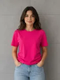 Kadın Basic Pamuklu Tişört Bisiklet Yaka Düz Renk Relaxed Fit T-Shirt - Fuşya