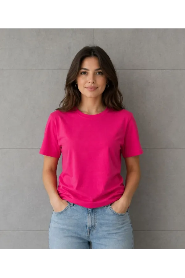 Kadın Basic Pamuklu Tişört Bisiklet Yaka Düz Renk Relaxed Fit T-Shirt - Fuşya