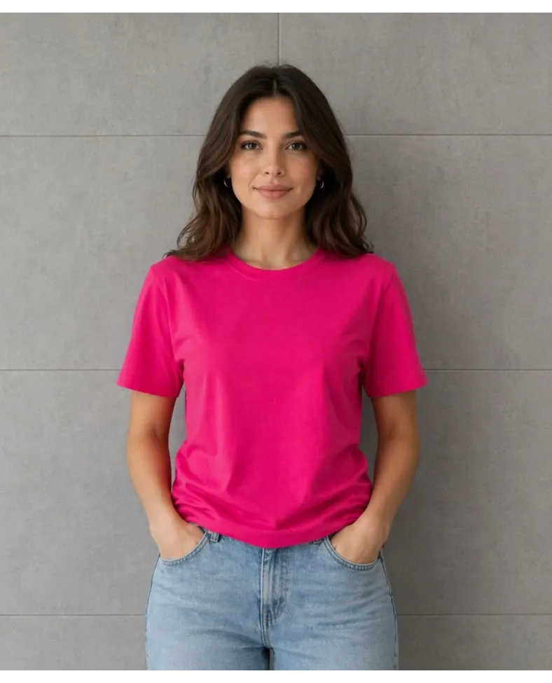 Kadın Basic Pamuklu Tişört Bisiklet Yaka Düz Renk Relaxed Fit T-Shirt - Fuşya