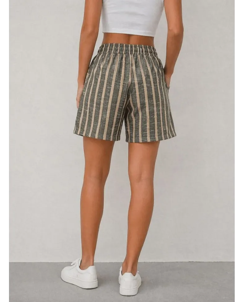 Kadın Çizgili Dokuma Şort Yüksek Bel Lastikli Cepli Yazlık Rahat Kesim - Haki