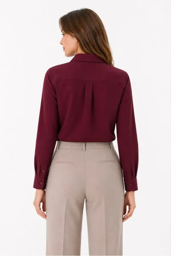 Kadın Uzun Kol Gömlek Düğmeli Klasik Yaka Günlük ve Ofis Şıklığına uygun - Bordo