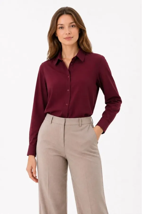 Kadın Uzun Kol Gömlek Düğmeli Klasik Yaka Günlük ve Ofis Şıklığına uygun - Bordo