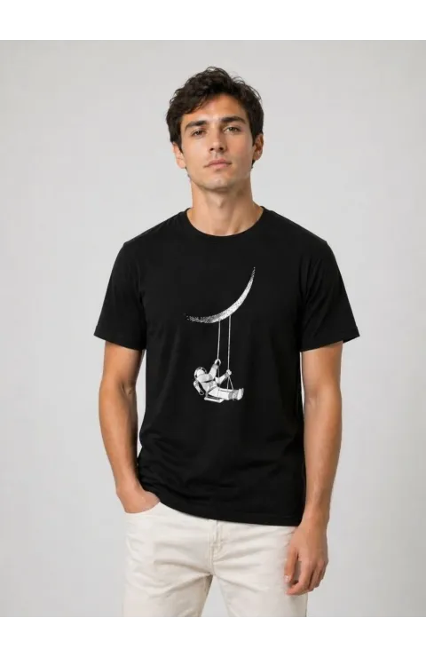 Erkek Astronot Ay Temalı Tişört Kısa Kol Yazlık Bisiklet Yaka T-Shirt - Siyah