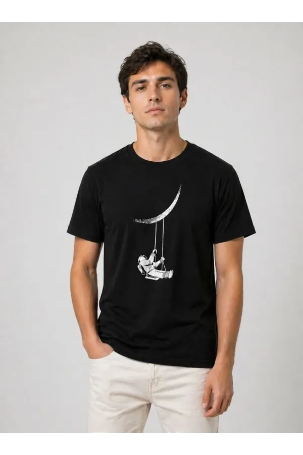 Erkek Astronot Ay Temalı Tişört Kısa Kol Yazlık Bisiklet Yaka T-Shirt - Siyah