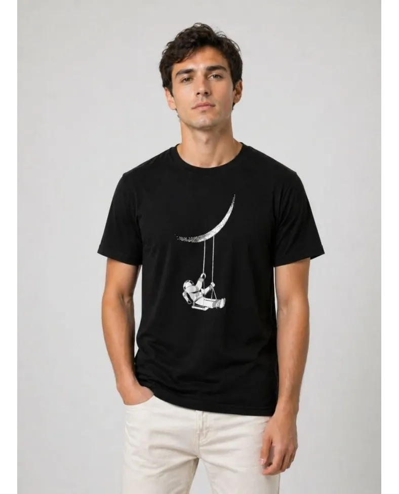 Erkek Astronot Ay Temalı Tişört Kısa Kol Yazlık Bisiklet Yaka T-Shirt - Siyah