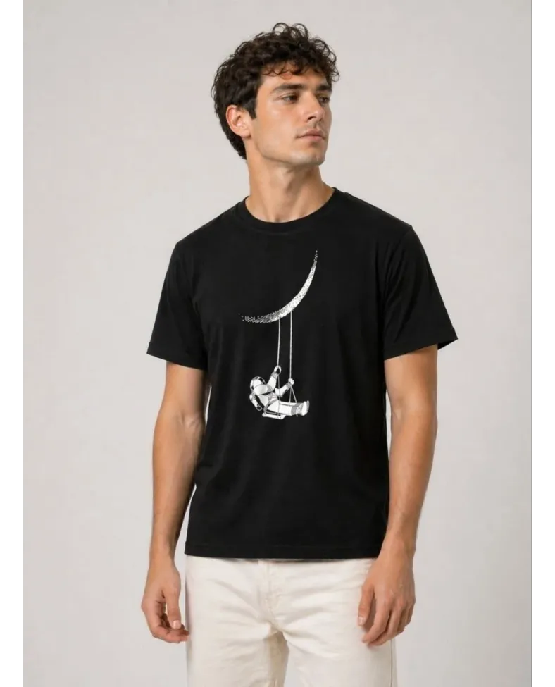 Erkek Astronot Ay Temalı Tişört Kısa Kol Yazlık Bisiklet Yaka T-Shirt - Siyah