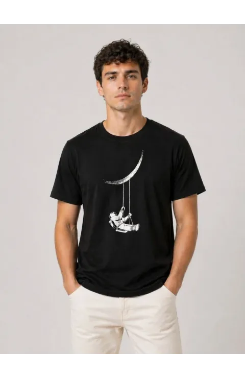 Erkek Astronot Ay Temalı Tişört Kısa Kol Yazlık Bisiklet Yaka T-Shirt - Siyah