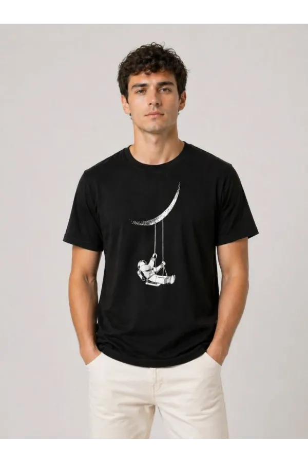 Erkek Astronot Ay Temalı Tişört Kısa Kol Yazlık Bisiklet Yaka T-Shirt - Siyah