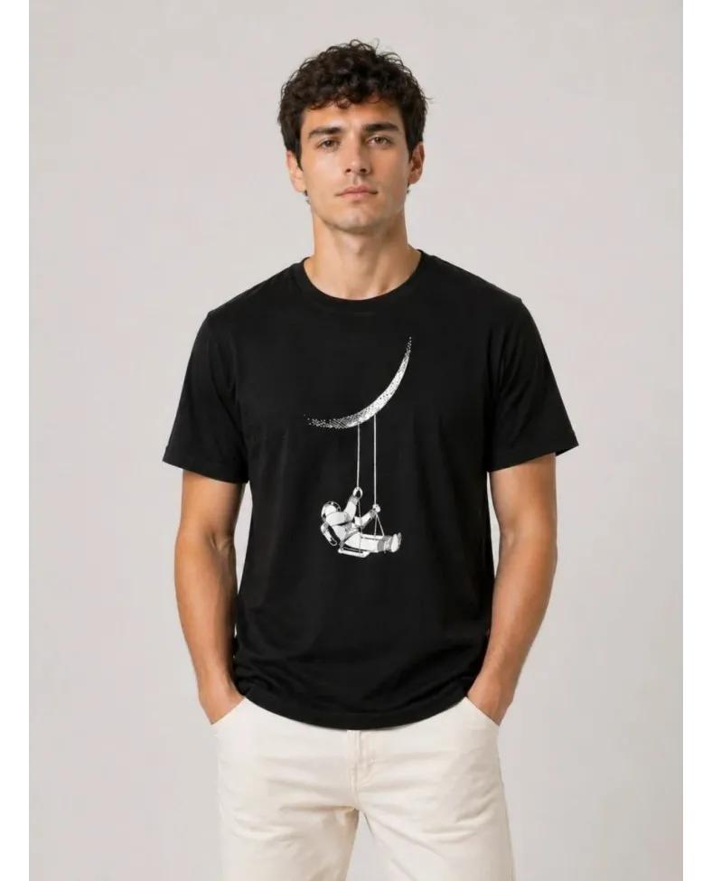 Erkek Astronot Ay Temalı Tişört Kısa Kol Yazlık Bisiklet Yaka T-Shirt - Siyah