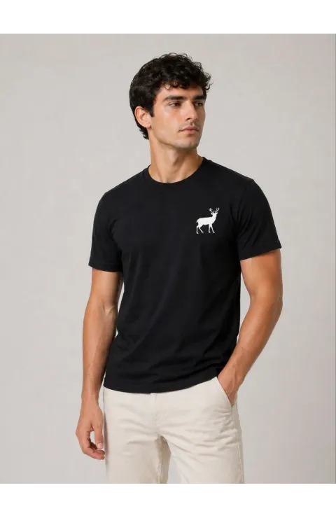 Erkek Minimal Geyik Logolu Tişört Bisiklet Yaka Kısa kol Yazlık T-Shirt - Siyah