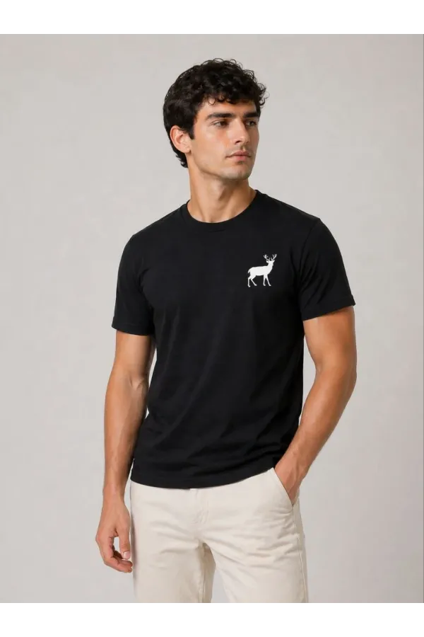 Erkek Minimal Geyik Logolu Tişört Bisiklet Yaka Kısa kol Yazlık T-Shirt - Siyah