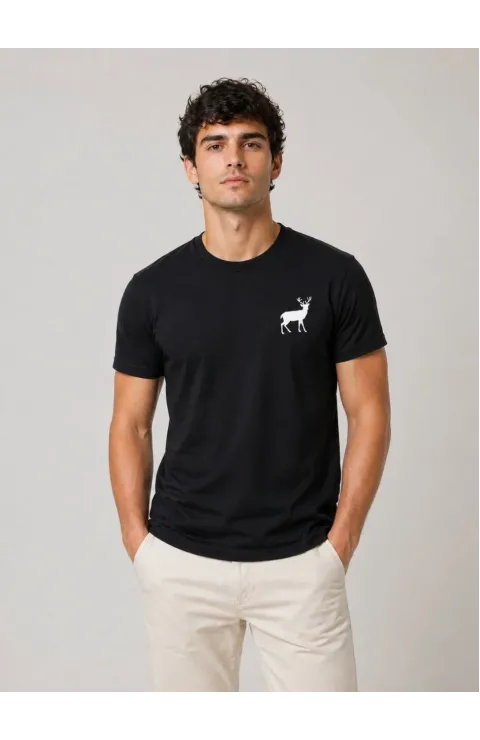 Erkek Minimal Geyik Logolu Tişört Bisiklet Yaka Kısa kol Yazlık T-Shirt - Siyah