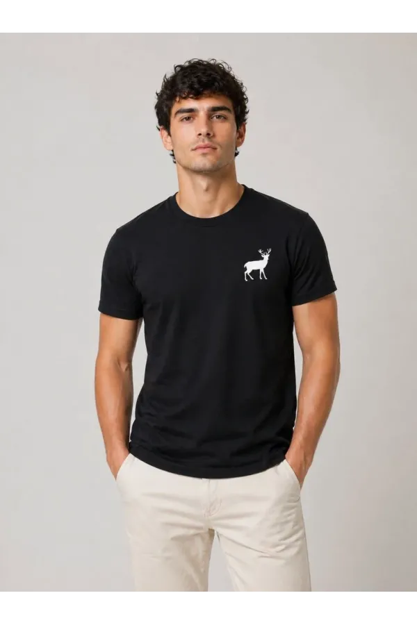 Erkek Minimal Geyik Logolu Tişört Bisiklet Yaka Kısa kol Yazlık T-Shirt - Siyah