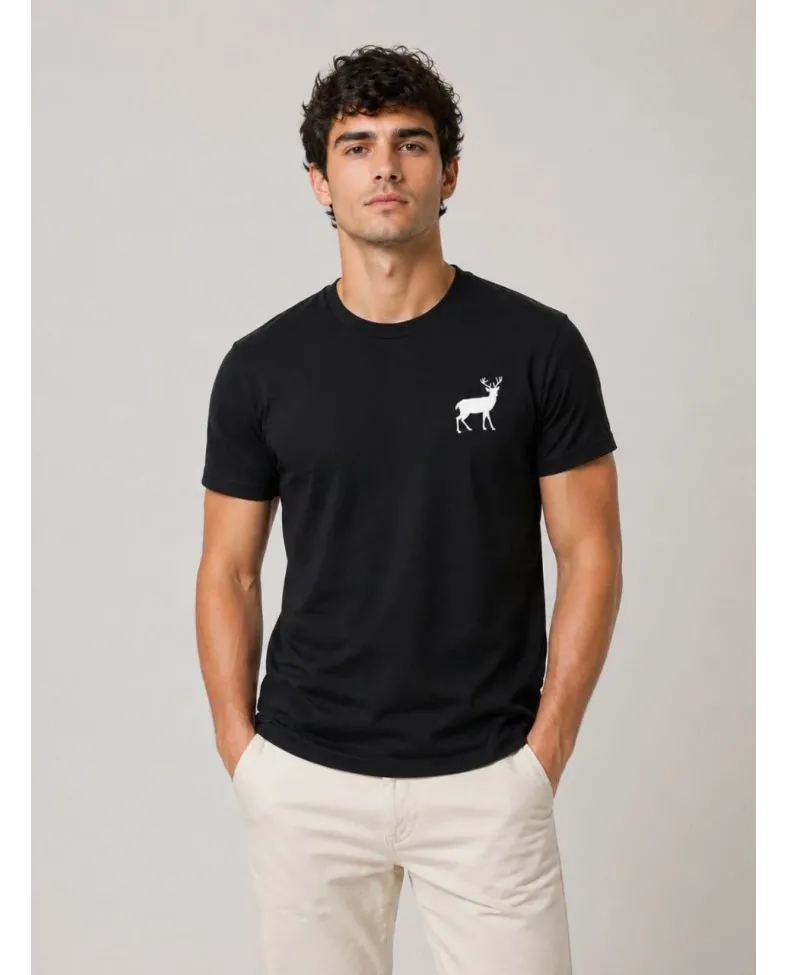 Erkek Minimal Geyik Logolu Tişört Bisiklet Yaka Kısa kol Yazlık T-Shirt - Siyah