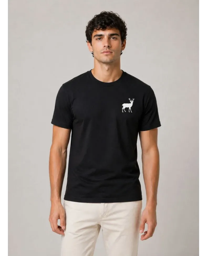 Erkek Minimal Geyik Logolu Tişört Bisiklet Yaka Kısa kol Yazlık T-Shirt - Siyah
