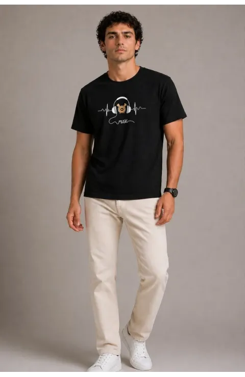 Erkek Müzik Temalı Baskılı Tişört Bisiklet Yaka Kısa Kol T-Shirt - Siyah