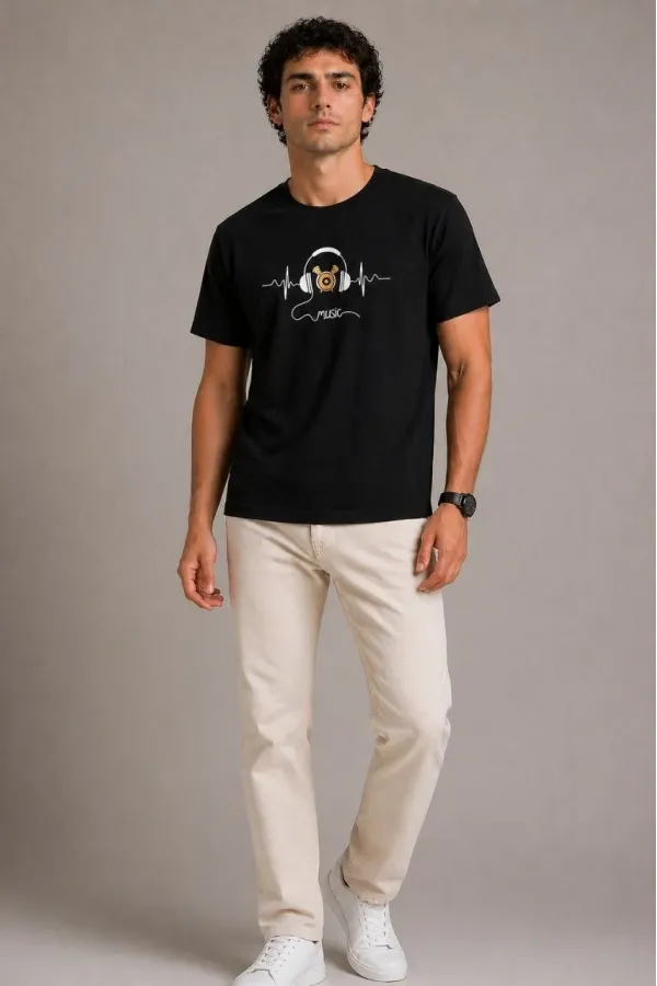 Erkek Müzik Temalı Baskılı Tişört Bisiklet Yaka Kısa Kol T-Shirt - Siyah