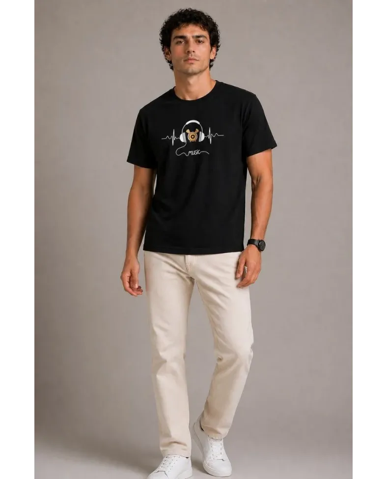 Erkek Müzik Temalı Baskılı Tişört Bisiklet Yaka Kısa Kol T-Shirt - Siyah