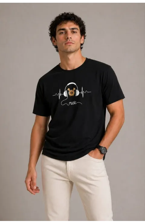 Erkek Müzik Temalı Baskılı Tişört Bisiklet Yaka Kısa Kol T-Shirt - Siyah