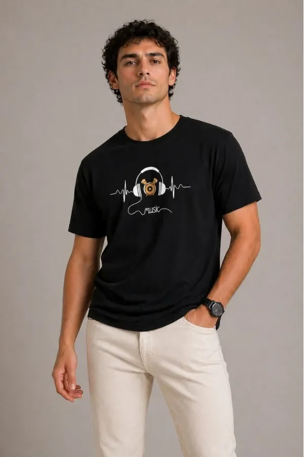 Erkek Müzik Temalı Baskılı Tişört Bisiklet Yaka Kısa Kol T-Shirt - Siyah
