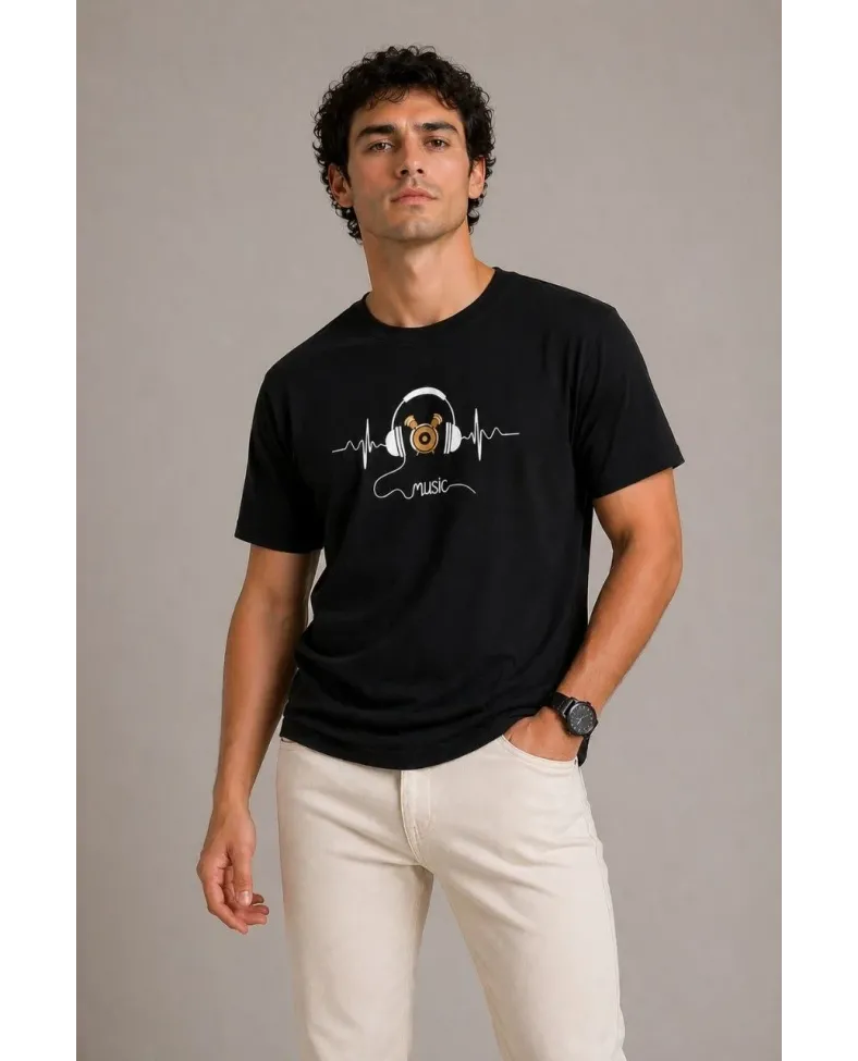 Erkek Müzik Temalı Baskılı Tişört Bisiklet Yaka Kısa Kol T-Shirt - Siyah