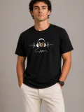 Erkek Müzik Temalı Baskılı Tişört Bisiklet Yaka Kısa Kol T-Shirt - Siyah