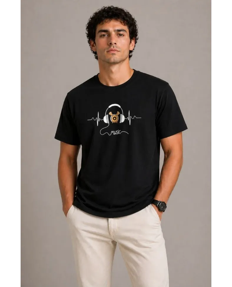 Erkek Müzik Temalı Baskılı Tişört Bisiklet Yaka Kısa Kol T-Shirt - Siyah