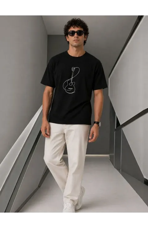 Erkek Minimal Gitar Baskılı Tişört T-Shirt Yazlık Kısa Kol Bisiklet Yaka T-Shirt - Siyah