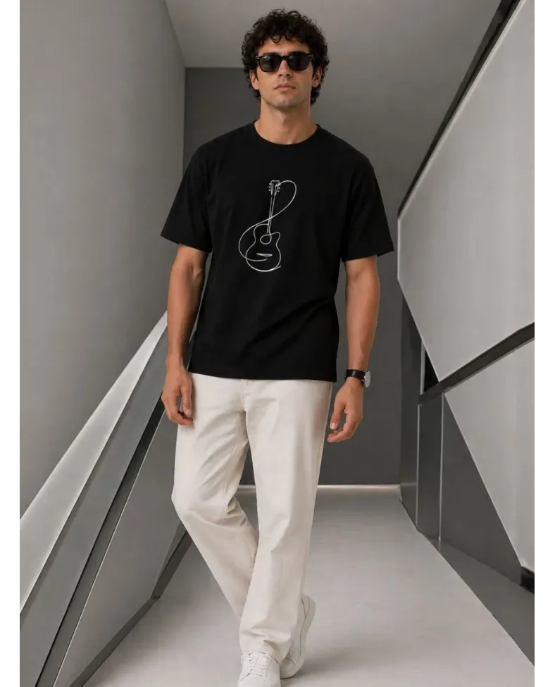 Erkek Minimal Gitar Baskılı Tişört T-Shirt Yazlık Kısa Kol Bisiklet Yaka T-Shirt - Siyah