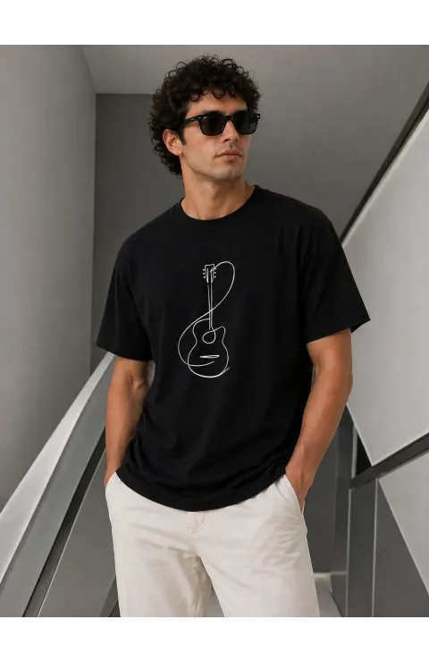 Erkek Minimal Gitar Baskılı Tişört T-Shirt Yazlık Kısa Kol Bisiklet Yaka T-Shirt - Siyah
