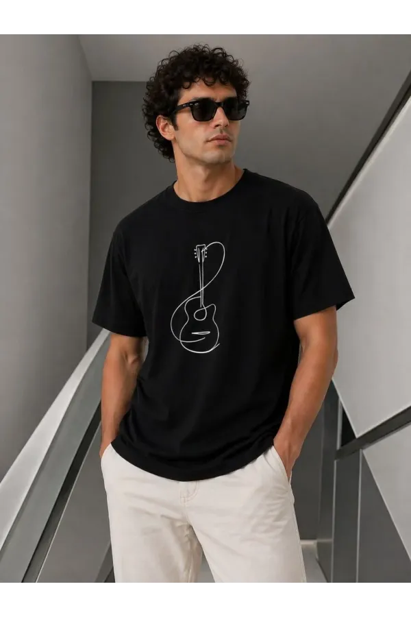 Erkek Minimal Gitar Baskılı Tişört T-Shirt Yazlık Kısa Kol Bisiklet Yaka T-Shirt - Siyah