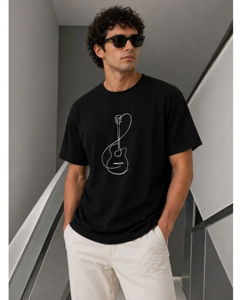 Erkek Minimal Gitar Baskılı Tişört T-Shirt Yazlık Kısa Kol Bisiklet Yaka T-Shirt - Siyah