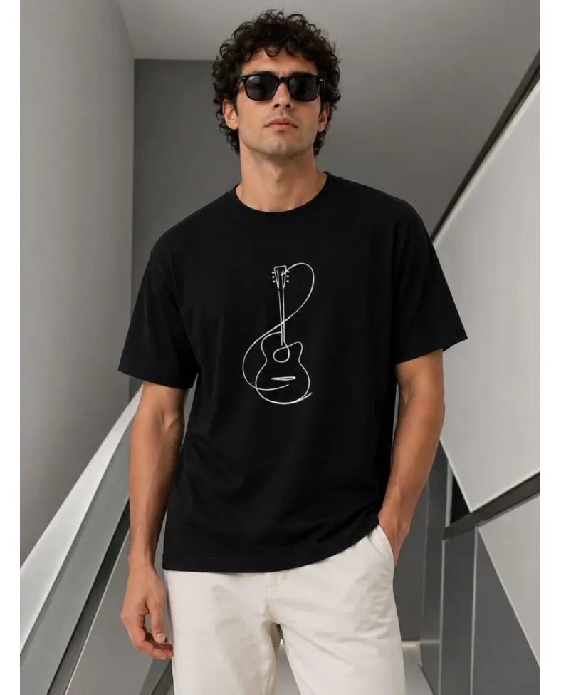 Erkek Minimal Gitar Baskılı Tişört T-Shirt Yazlık Kısa Kol Bisiklet Yaka T-Shirt - Siyah