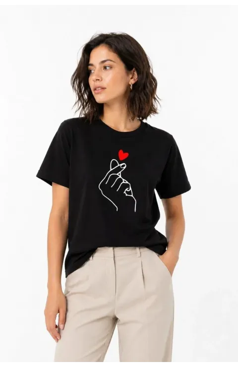 Kadın Kore Parmak Kalp Aşk Temalı Minimal Baskılı Tişört Yazlık Kısa Kol T-Shirt - Siyah