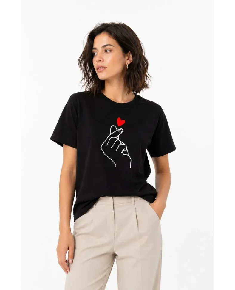 Kadın Kore Parmak Kalp Aşk Temalı Minimal Baskılı Tişört Yazlık Kısa Kol T-Shirt - Siyah