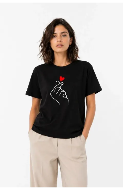 Kadın Kore Parmak Kalp Aşk Temalı Minimal Baskılı Tişört Yazlık Kısa Kol T-Shirt - Siyah