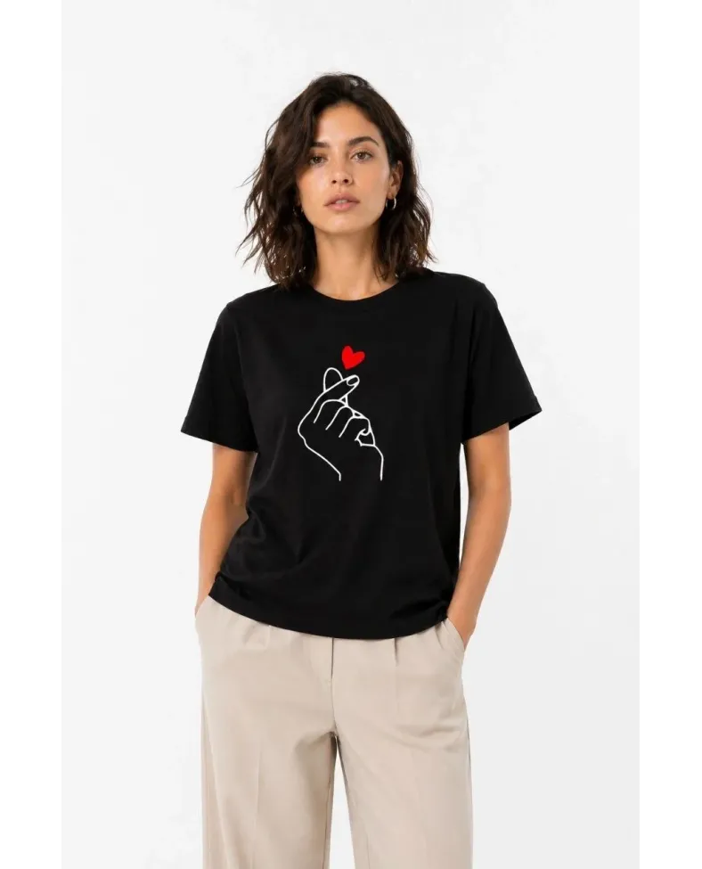 Kadın Kore Parmak Kalp Aşk Temalı Minimal Baskılı Tişört Yazlık Kısa Kol T-Shirt - Siyah