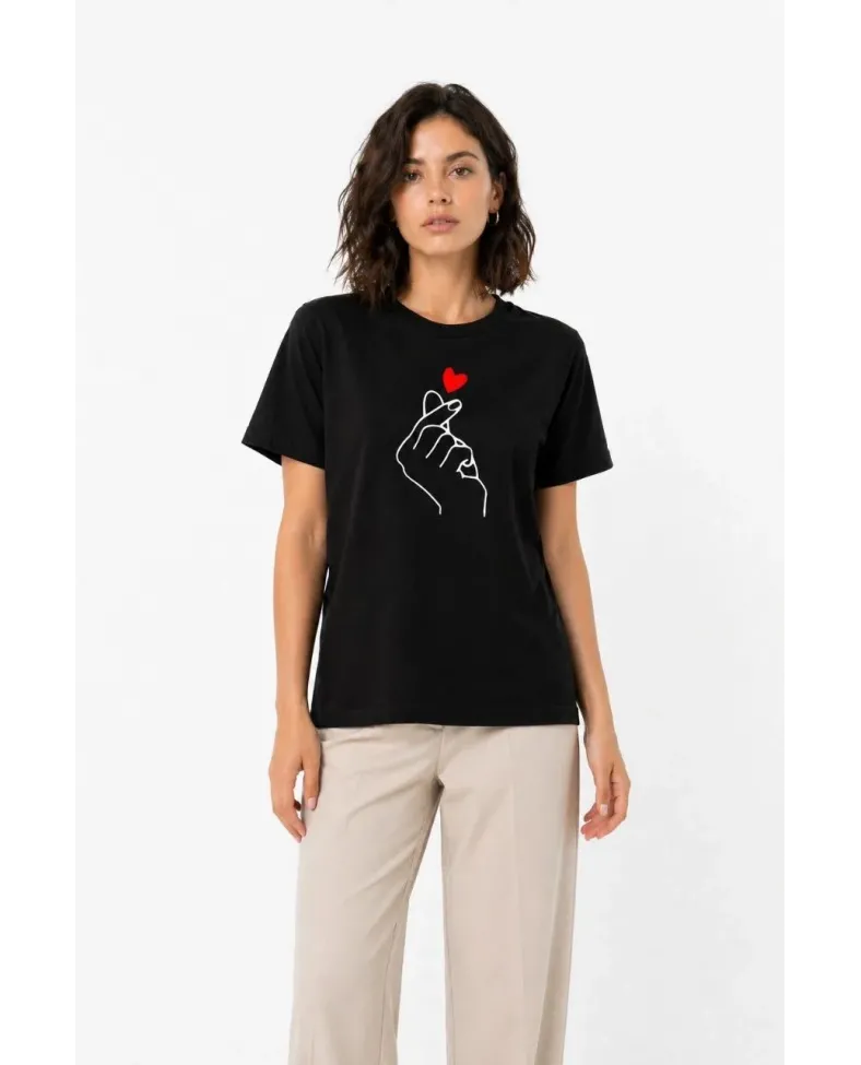 Kadın Kore Parmak Kalp Aşk Temalı Minimal Baskılı Tişört Yazlık Kısa Kol T-Shirt - Siyah